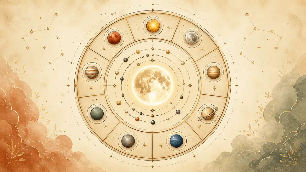 Vimshottari Dasha celestial timing wheel with the Moon and nine planetary periods